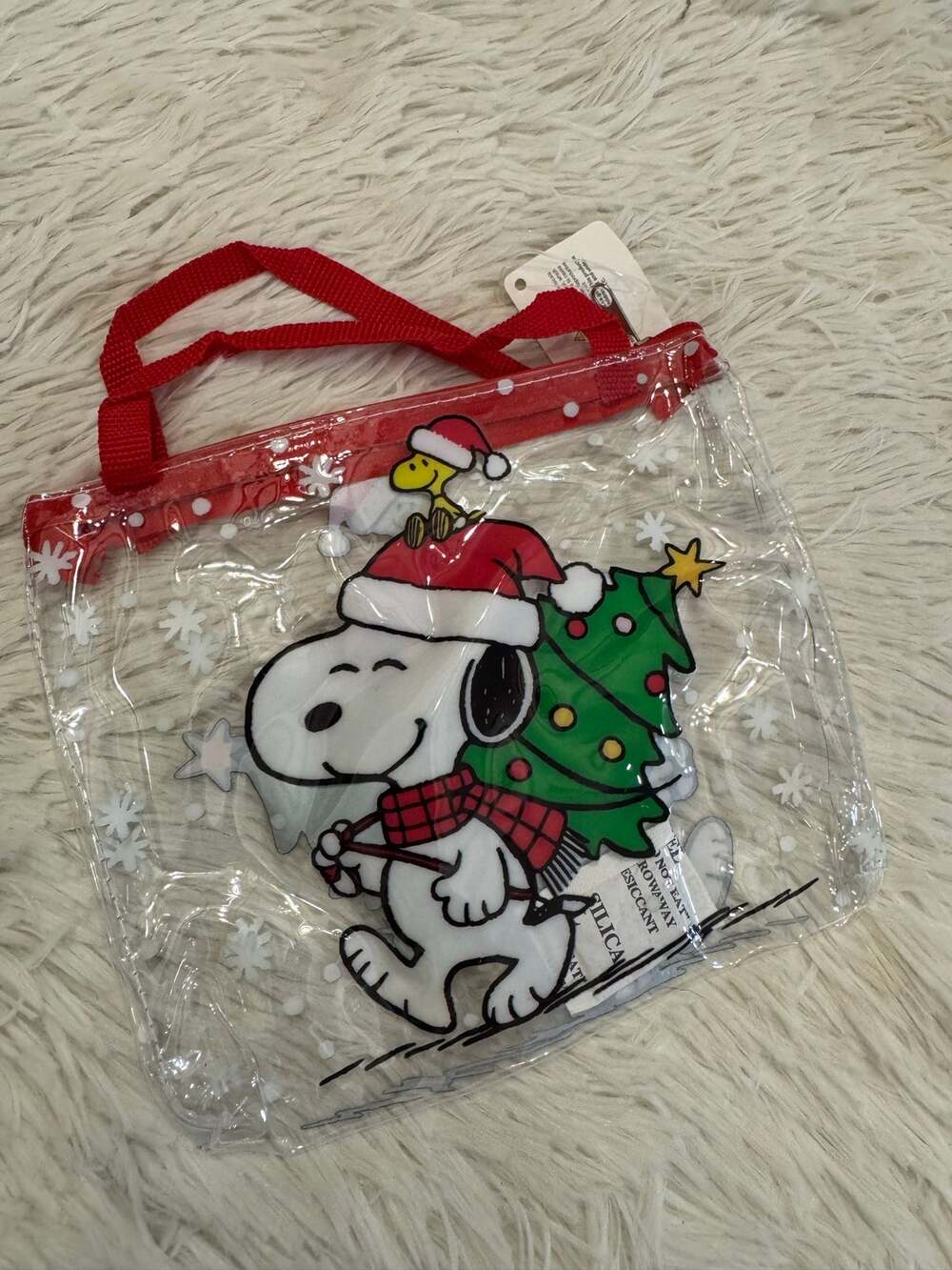 Snoopy Christmas clear zip pouch Snoopy and Woodstock in Santa hats with a tree
